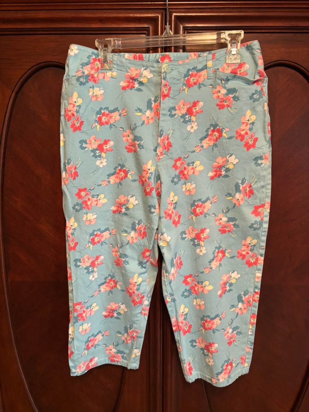 Floral Capris in Light Blue with Coral, Pink  & Yellow Flowers